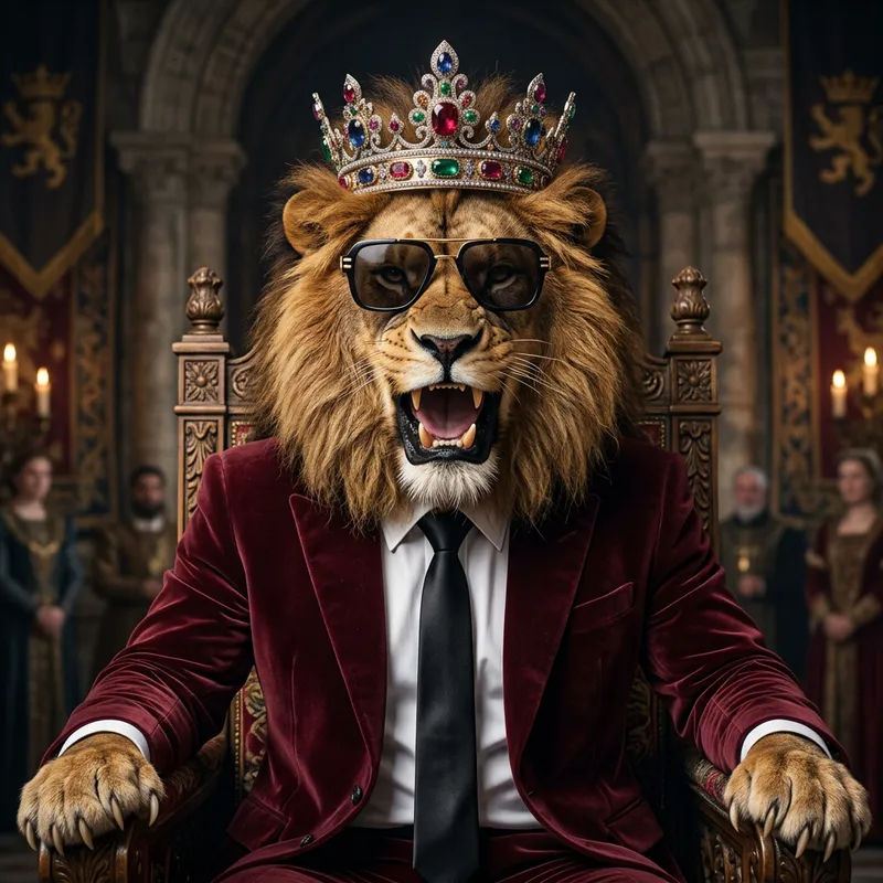 Royal Lion in Platinum & Gold Crown, Roaring Confidently in Designer Velvet Maroon Suit and Sunglasses