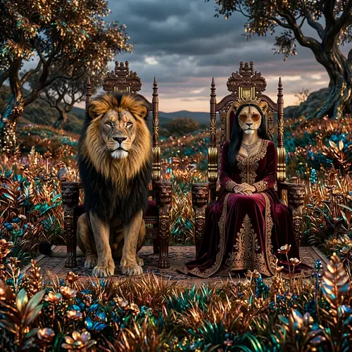 Photorealistic Scene in Lush Meadow with Alpha Lion and Queen Lioness