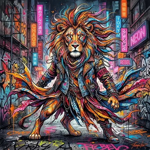 Urban Punk Fashion Model Lion Art