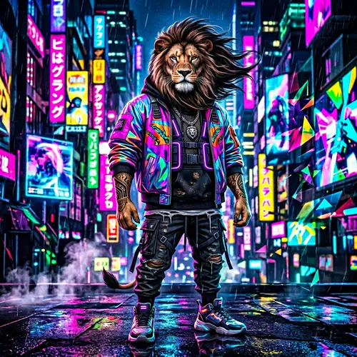 Futuristic Realistic Lion in Vibrant Clothes | Urban Neon Art