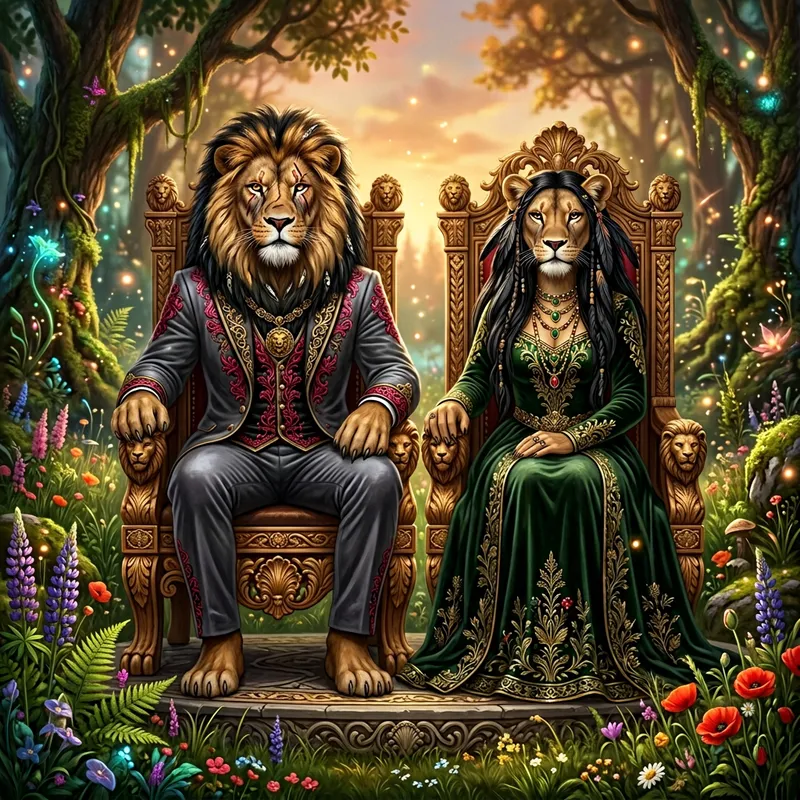 Majestic Lion & Lioness in Vibrant Fantasy World