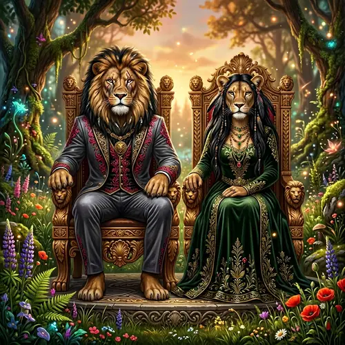 Fantasy Nature Digital Painting: Alpha Lion & Lioness on Majestic Thrones