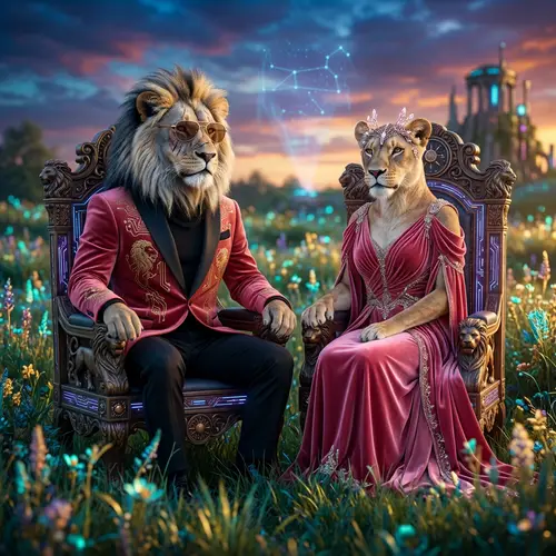 Majestic Male and Female Lions in Opulent Cyberpunk Style
