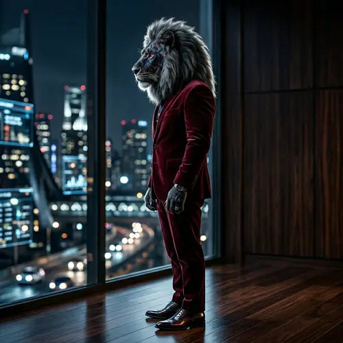 Futuristic Lion-Anthropomorphic Boss in Red Velvet Suit