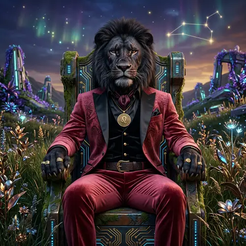 Majestic Leo Zodiac Sign Lion in Cyberpunk Meadow | Fantasy Art