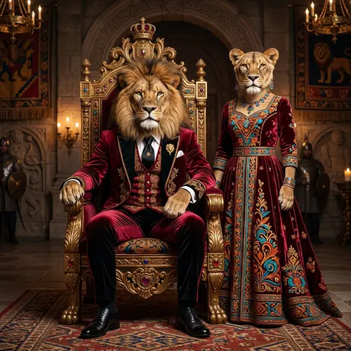 Regal Lion Portrait in Velvet Suit & Elegant Dress