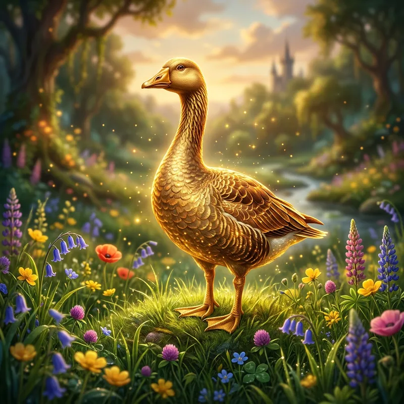 Majestic Golden Goose in Lush Meadow - Fantasy Magic