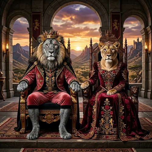 Majestic Alpha Lion and Confident Queen on Thrones