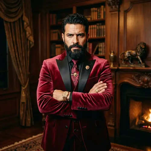 Confident Hispanic Leo Man in Luxurious Rose Red & Black Velvet Suit