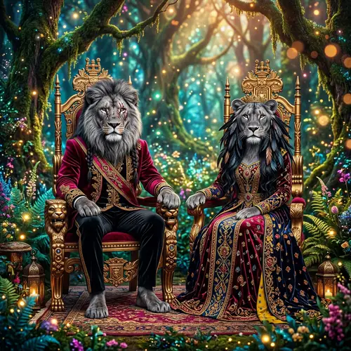 Majestic Male and Confident Female Lion in Enchanted Forest