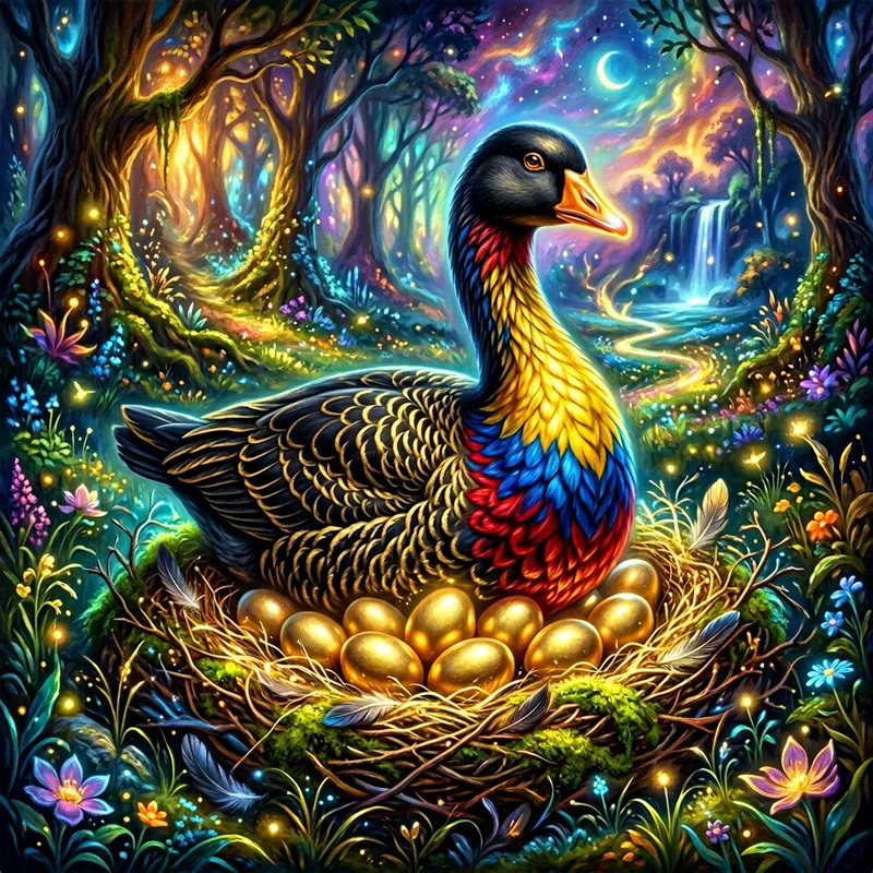 Majestic Golden Goose with 11 Eggs in Lush Meadow