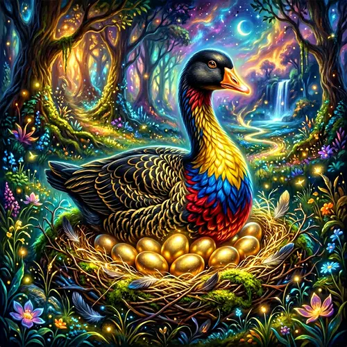 Enchanted Black and Golden Goose with Ecuadorian Flag Feathers