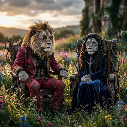 Alpha Lion and Majestic Lioness in Human-Like Attire