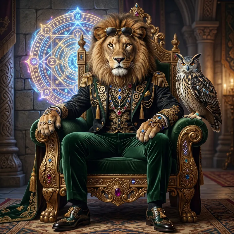 Fashionable Alpha Lion with Photorealistic Gears, Gems, and Magic Circle Fashionable Alpha Lion with Photorealistic Gears, Gems, and Magic Circle