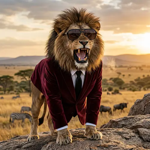 Confident Lion in Stylish Velvet Suit with Sunglasses