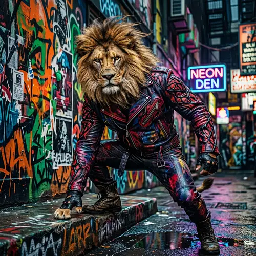 Vibrant Realism-Style Lion Portrait in Colorful Leather Attire