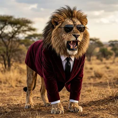 Realistic Lion Art: Majestic Alpha Roaring Portrait in Maroon Suit