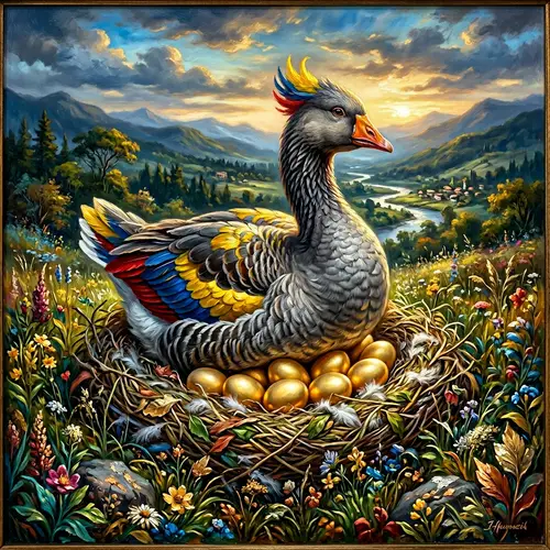 Majestic Smoke Grey Feathered Golden Goose of Ecuador | Enchanting Scene