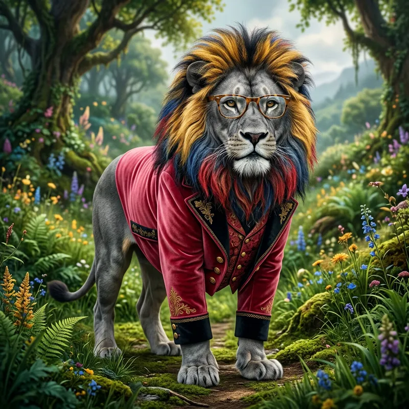 Majestic Lion in Velvet Suit on Lush Meadow, Vibrant Metallic Hues