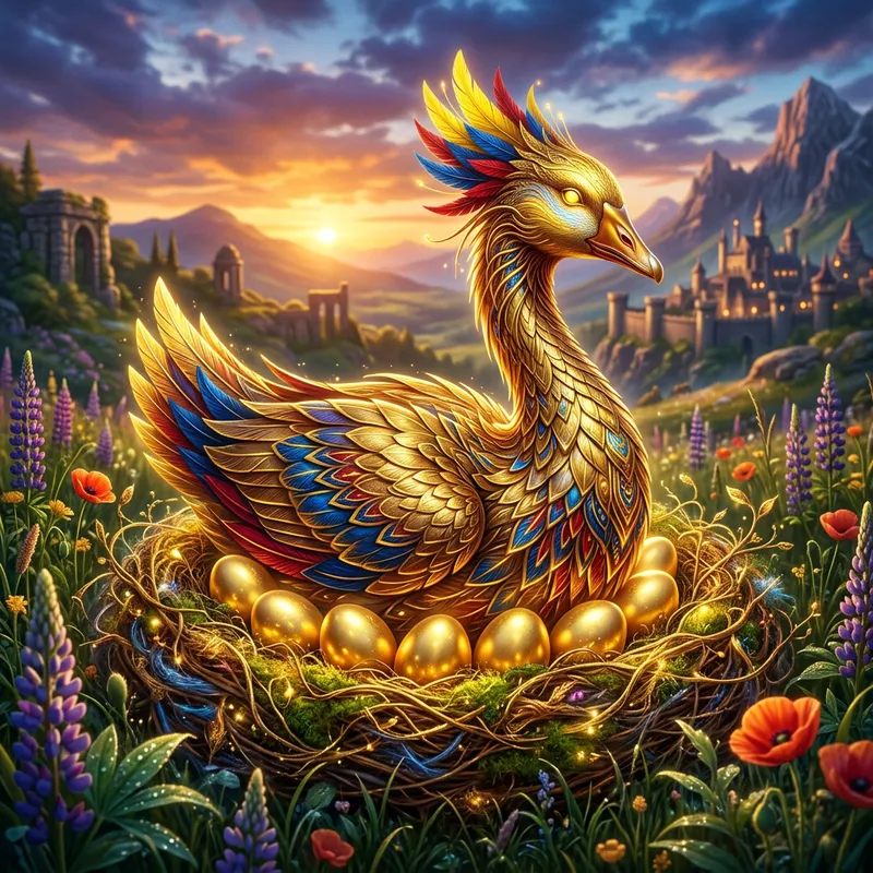 Golden Goose with Ecuador Flag Feathers in Nest with 11 Eggs | Magical Fantasy Art