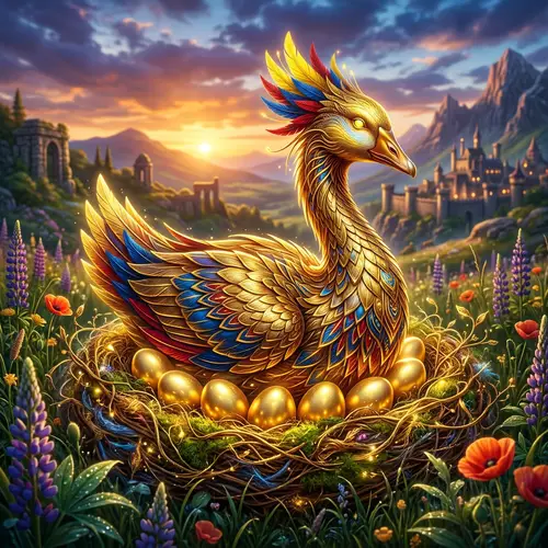 Majestic Futuristic Golden Goose in a Plush Meadow | Fantasy Genre