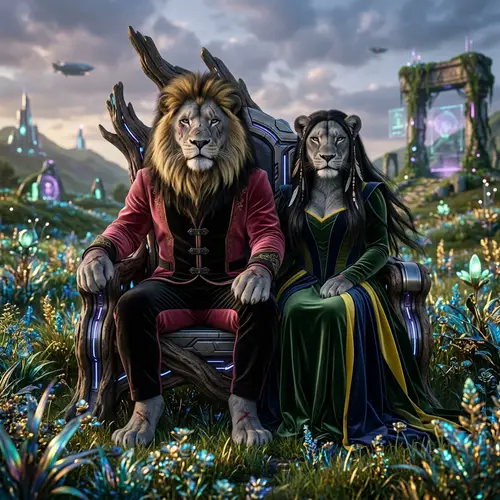 Fantasy Lion and Lioness Artwork with Cyberpunk Elements
