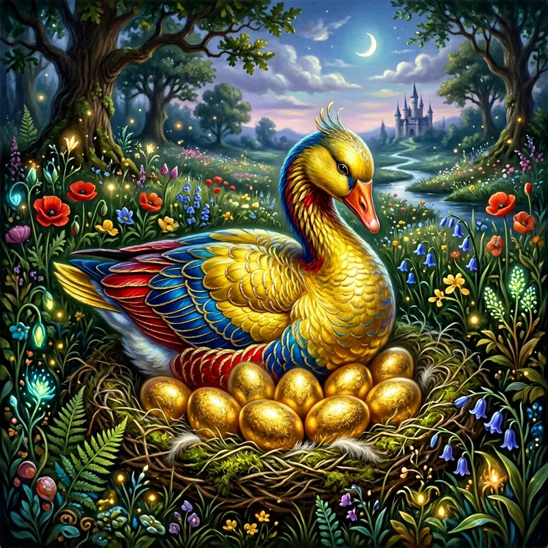 Majestic Black Golden Goose with Ecuador Flag-Colored Feathers and 11 Golden Eggs in Lush Meadow