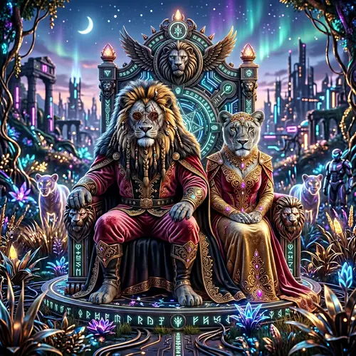 Alpha Lion and Lioness: Majestic Cyberpunk Throne Scene