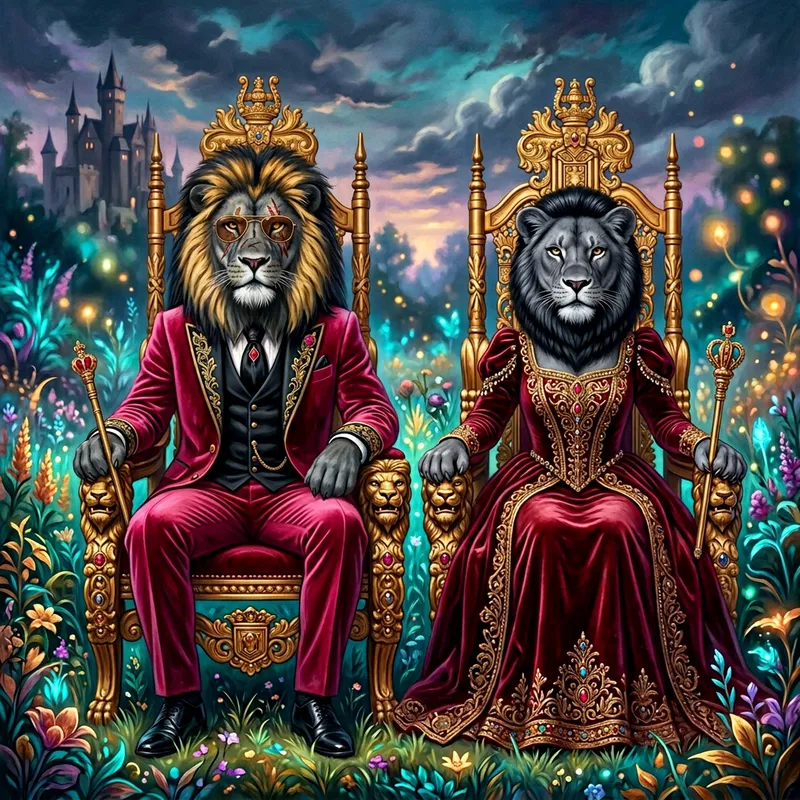 Majestic Power Couple: Alpha Lion King & Queen Lioness in Regal Splendor