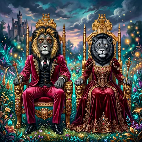 Majestic Smoke Grey Alpha Lions in Opulent Thrones, Ethereal Enchantment