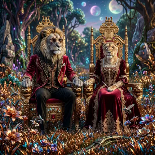 Fantasy Lion King and Queen in Human-like Clothing | Magical Realism Image