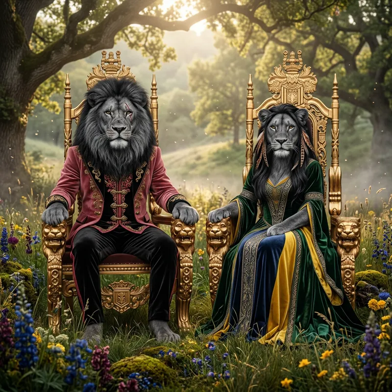 Majestic Male & Female Lion Thrones in Realistic Dark Forrest Scene