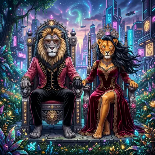 Majestic Lion Couple in Rose-Red and Black Attire | Fantasy Art