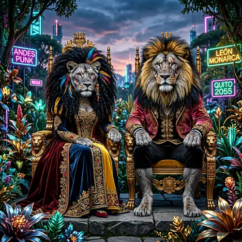 Majestic Lion and Lioness of Ecuadorian Descent in Regal Attire