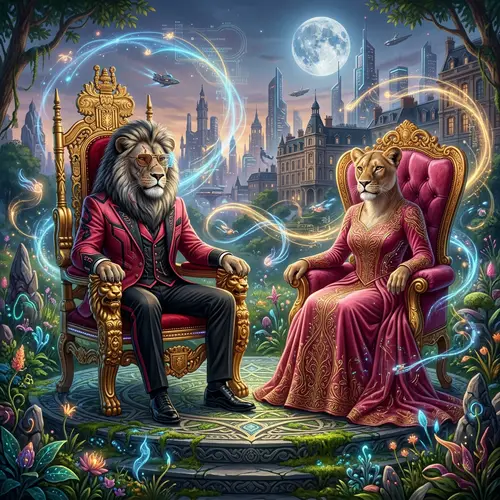 Futuristic Fantasy Photo: Majestic Lions in Enchanting Meadow