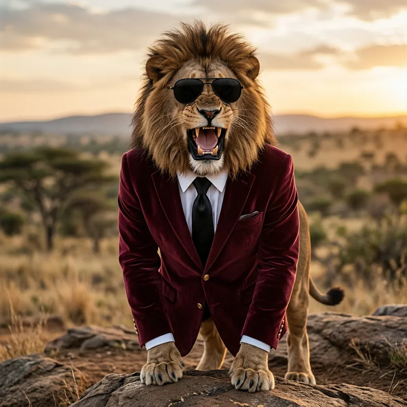 Confident Lion in Maroon Suit - Stylish Roaring Alpha