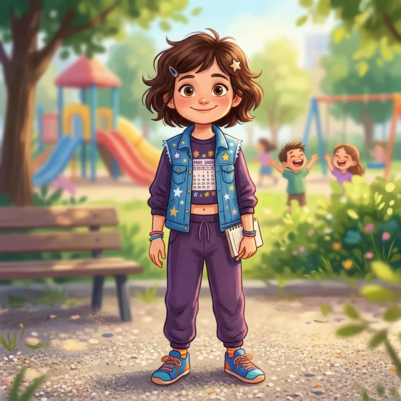 Cartoon Girl in Blue Star Vest and Purple Longsleeve Outfit