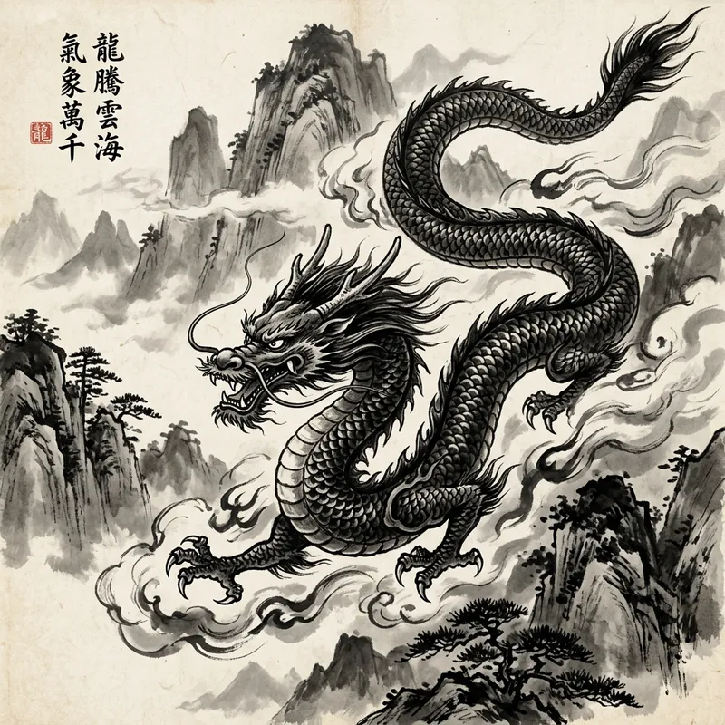 Traditional Chinese Ink Painting of a Mighty Dragon