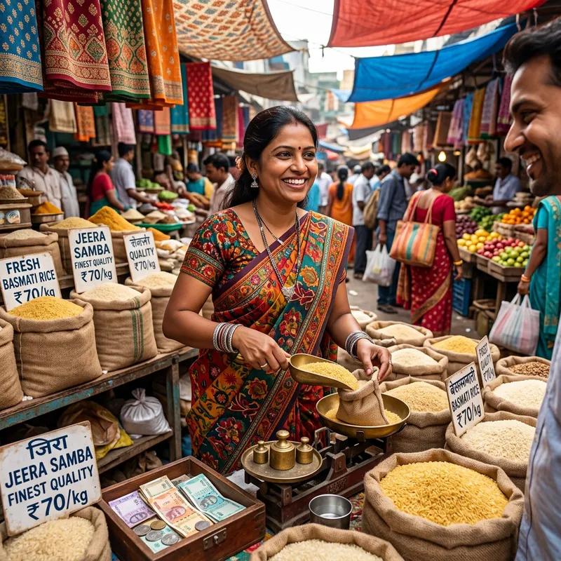Cute South Asian Character Selling Rice | Joyful Local Market Scene