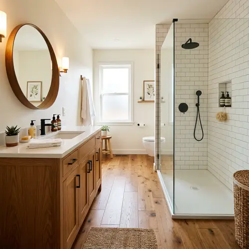 Elegant Wooden Bathroom with White Shower
