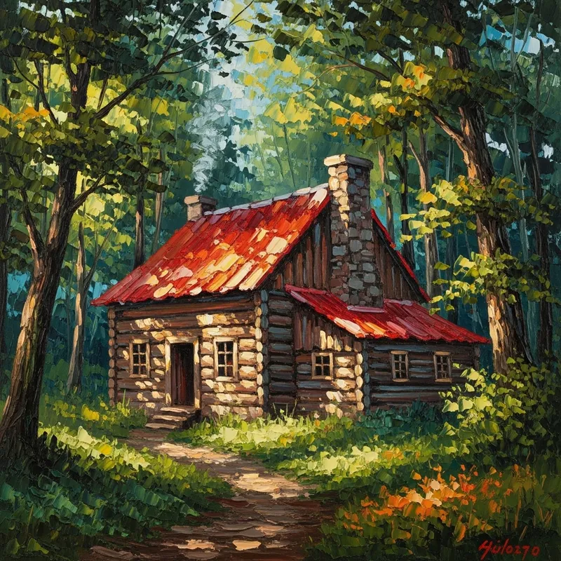 Red Roof Wooden House in Dense Forest - Oil Style