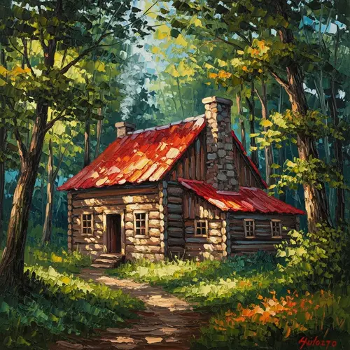 Red Roof Wooden House in Dense Forest - Oil Style