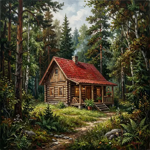 Red Roof Wooden House in Dense Forest - Oil Style