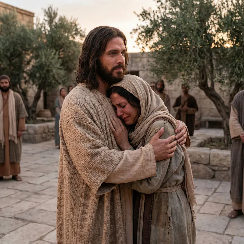 Jesus Embracing a Crying Woman - Comforting Moment