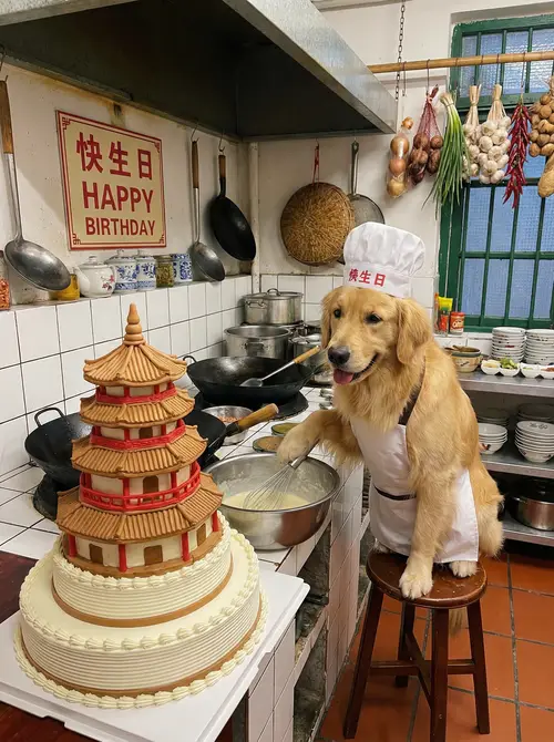 Cute Dog Baking a Giant Cake in China Kitchen