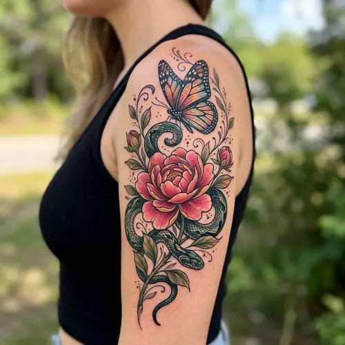 Nature-inspired Tattoo: Snake, Flower, and Butterfly Design