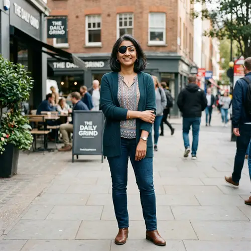 Confident South Asian Woman in 40s with Eyepatch - Modern Casual Look