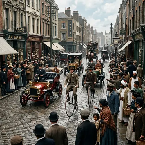 19th-Century Street with Vintage Cars and Bicycles