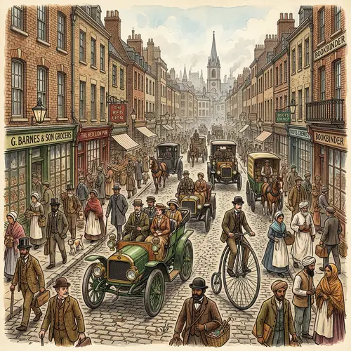 19th Century Street Scene with Vintage Cars and Bicycles