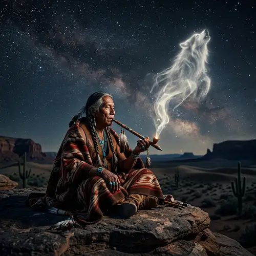 Mystical Night Scene: Indigenous Man Smoking Pipe Under Starlit Sky